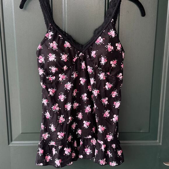 Y2K LEI Black Floral Babydoll Cami M Lace Trim Padded Bra Top 2000s Going Out - Picture 3 of 10